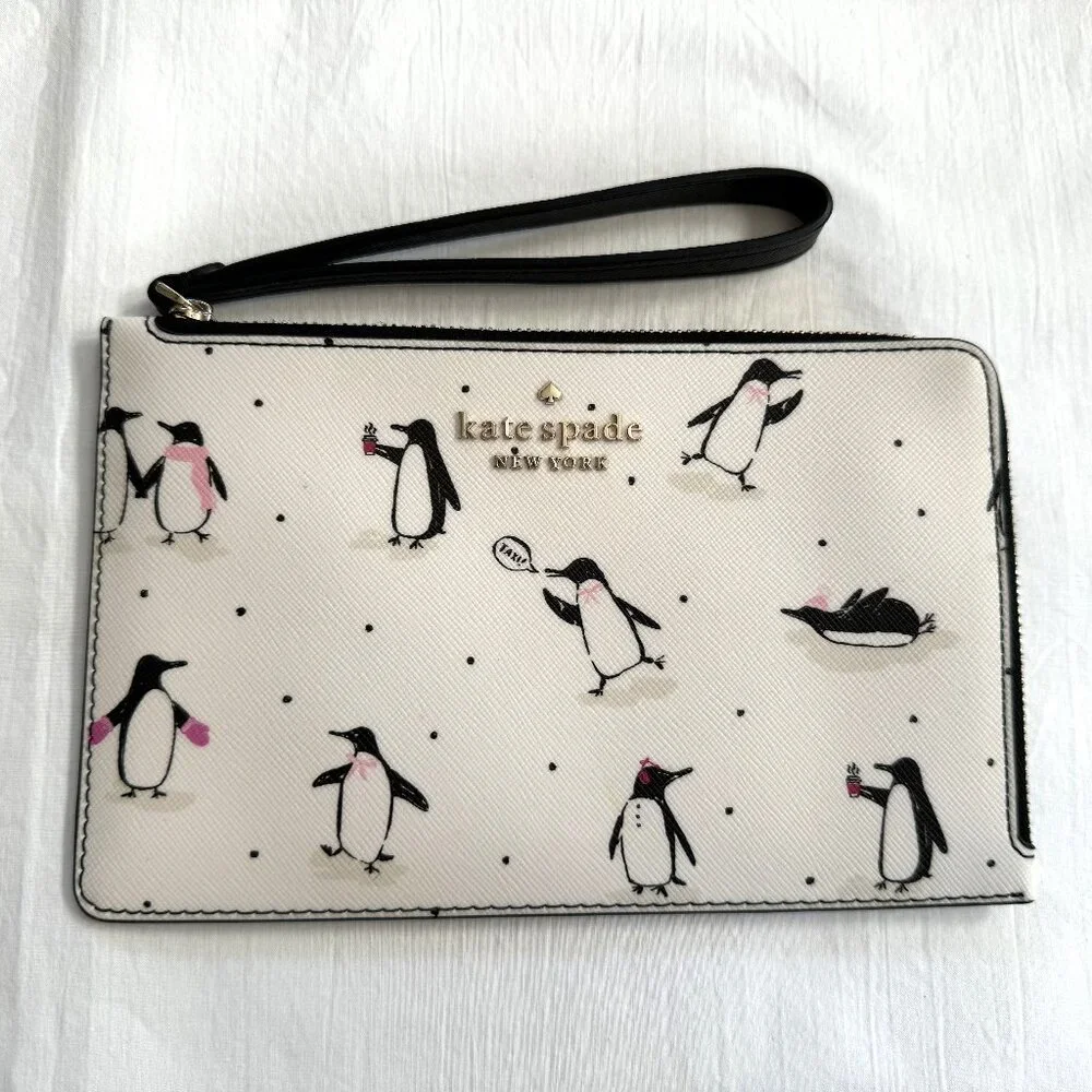Kate Spade STACI Festive Penguins Printed Medium Wristlet L Zip Zipper